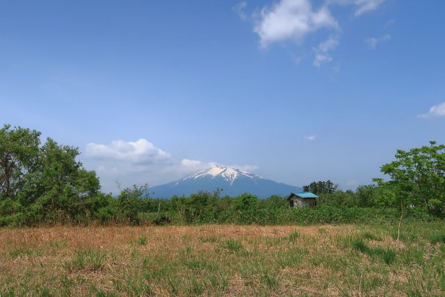 青森県板柳町から見える岩木山と農業地帯の風景
