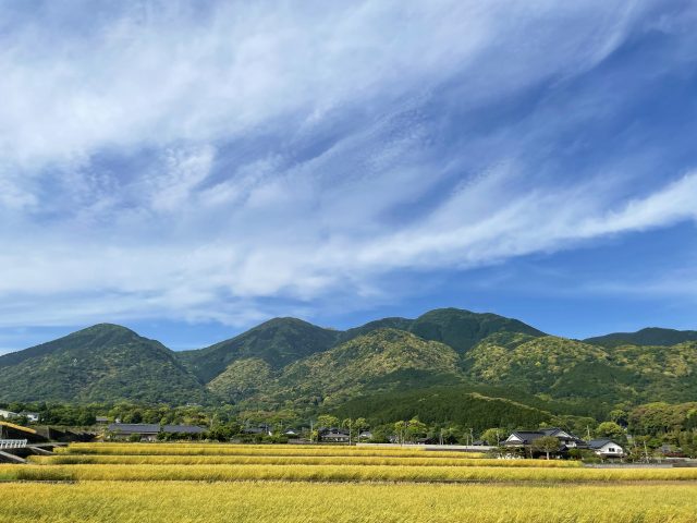 福岡県福智町の福智山と田舎の田んぼの風景