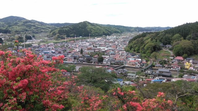 福島県塙町を丘の上から眺めたツツジと町並み