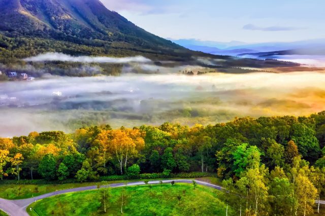 北海道留寿都村の羊蹄山麓で見られる森林と田舎の風景