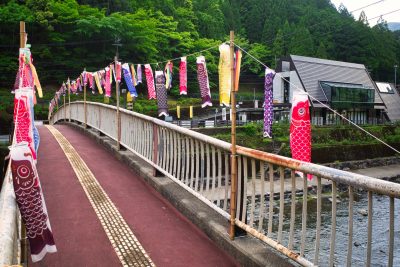奈良県上北山村の道の駅と鯉のぼりのある町並み