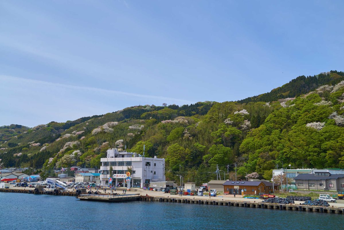 新潟県粟島浦村の粟島漁港と海のある町並み