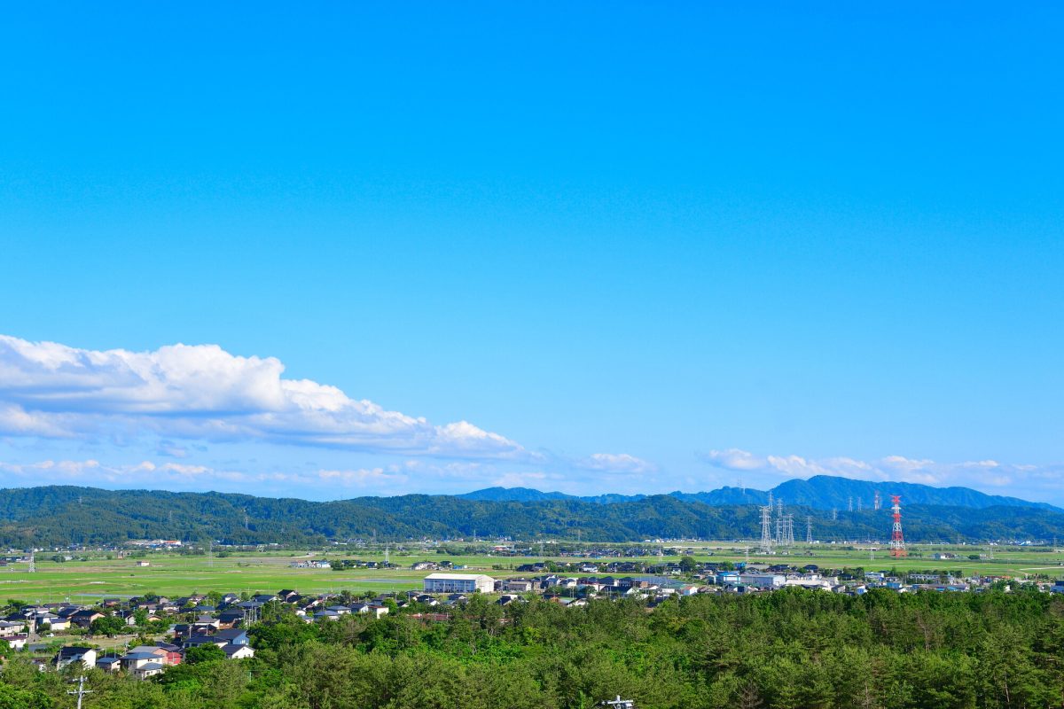 新潟県刈羽村の田舎の町並みと田田んぼ
