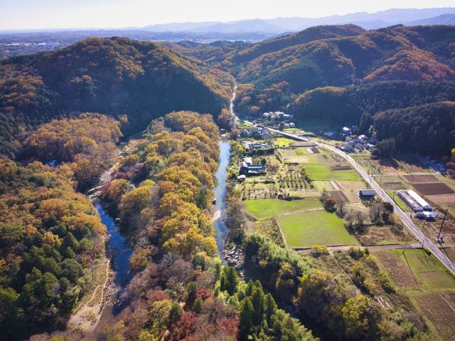 埼玉県嵐山町の上空からの全景と田舎の風景